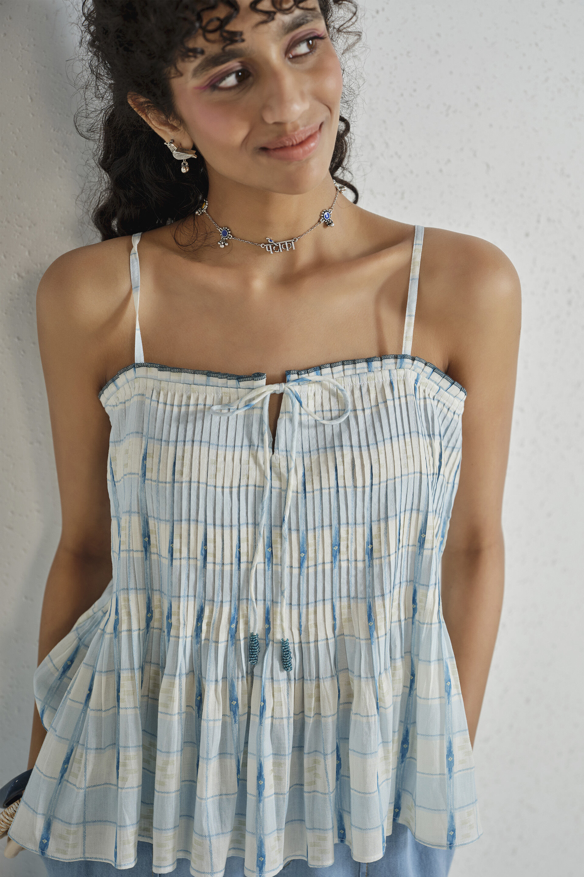 Split Tone Printed Cotton Top, White, image 2